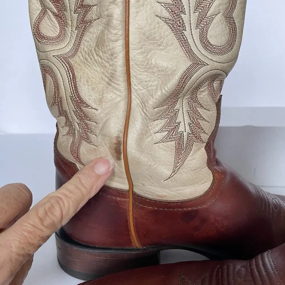Vintage Tony Lama Roper Cowboy Boots Men’s 8.5 D Brown & Cream Leather USA Made